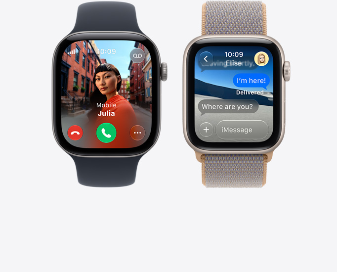 Apple Watch Series 12, screen shows incoming call, contact photo, accept and decline call buttons, aluminium case, space gray colour, connected to Sport Band, black colour; Apple Watch SE 3, screen shows iMessage conversation, aluminium case, starlight colour, connected to Sport Loop band, chambray blue colour (light blue-gray)