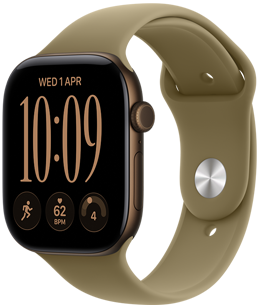 Apple Watch Series 12, алуминиев корпус, цвят тъмен бронз, компактен персонализиран циферблат, компликации: ден и дата, тренировка Бягане, сърдечна честота, готовност, външна дясна страна, Digital Crown, страничен бутон, каишка Sport Band в маслинен цвят