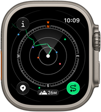 Apple Watch Ultra 4, титанов корпус, натурален цвят, връщане по маршрута, показващо маршрут с посоки на компаса, дясна външна част, Digital Crown, издаден страничен бутон