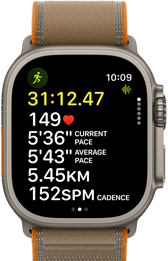 Apple Watch Ultra 4, титанов корпус, натурален цвят, усъвършенствани метрики за тренировка Бягане на открито, дясна външна част, Digital Crown, издаден страничен бутон, каишка Trail Loop, цвят пясък