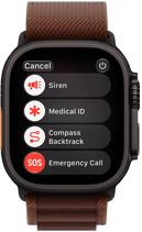 Apple Watch Ultra 4, титанов корпус, черен цвят, дясна външна част, Digital Crown, издаден страничен бутон, каишка Alpine Loop, цвят бордо