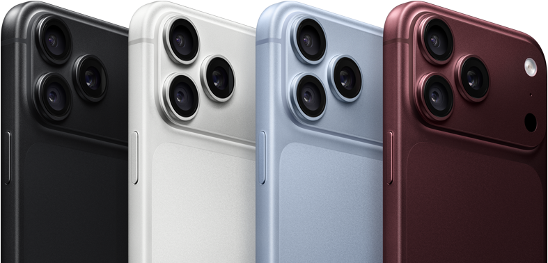 iPhone 18 Pro устройства в редица, заден екстериор, всички четири цвята: черно, глетчер, сребърно, бордо, Pro Fusion система камери горе вляво, 3 обектива, микрофон, светкавица