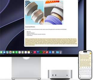Mac mini отпред под Studio Display, iPhone е разположен отдясно на устройството и дисплея, текстът, избран с команди за изрязване, копиране, поставяне и автоматично попълване по-горе на iPhone, съвпада с маркирания текст на дисплея, показвайки Universal Clipboard