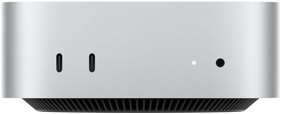 Mac mini, предна част, два Thunderbolt порта, светлинен индикатор за състояние и жак за слушалки, конусовидна черна основа отдолу, плосък отгоре, заоблени страни, прави ръбове, цвят сребърно