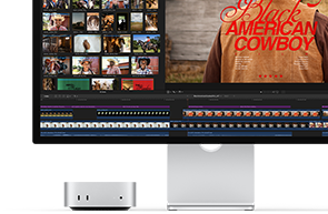 Mac mini, свързан със Studio Display, екранът показва екран от филм, озаглавен „Black American Cowboy“ отдясно, няколко кадъра отляво