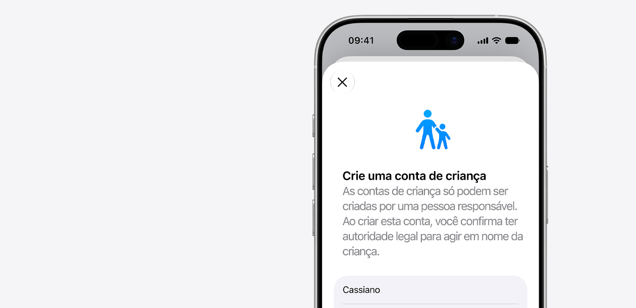 iPhone mostrando a interface de configuração da conta de criança com o ícone de uma criança e um adulto acima dos campos para o nome da criança