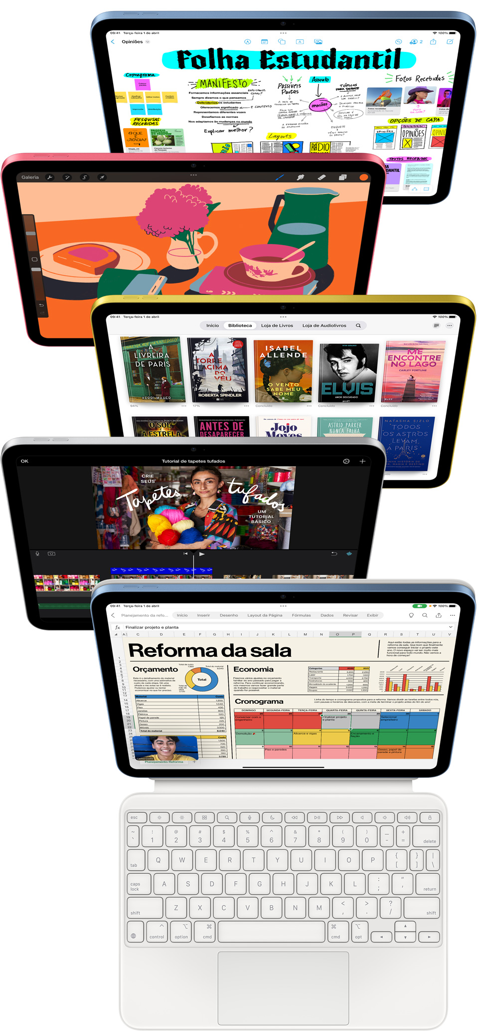 Imagem da tela de vários aparelhos iPad mostrando diferentes apps, como Freeform, ProCreate, Livros, Mental Canvas e Excel.