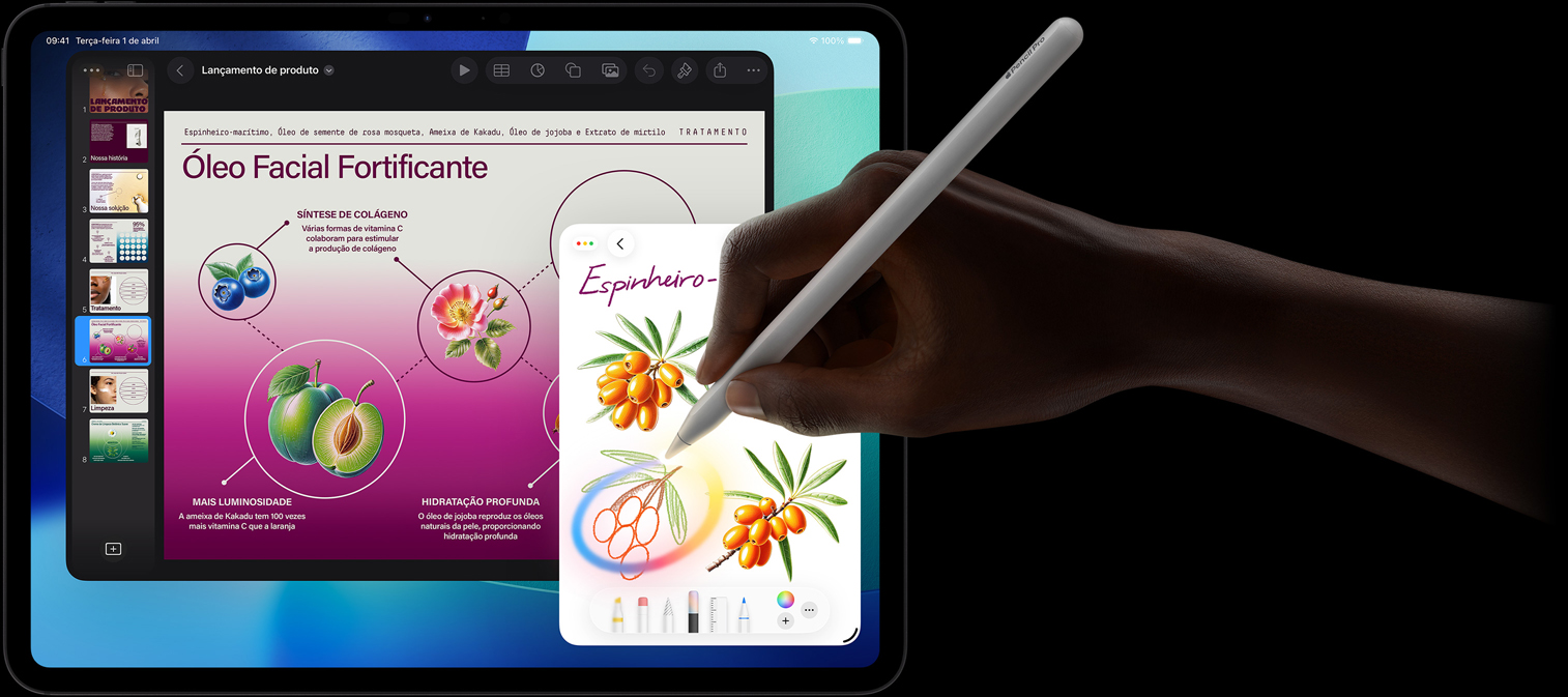 Parte da frente do iPad Pro com um degradê de azul-escuro e verde em segundo plano e vários apps abertos. Uma mão segura o Apple Pencil Pro e circula um esboço que mostra o recurso Varinha Gráfica da Apple Intelligence