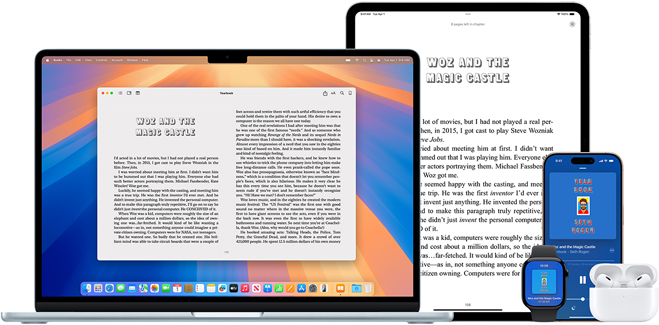 MacBook Pro and iPad Air display a page from the same ebook in the Books app. Apple Watch and iPhone 15 screens display a book cover from the same audiobook. An AirPod Pro case open to show both AirPod Pro earbuds.