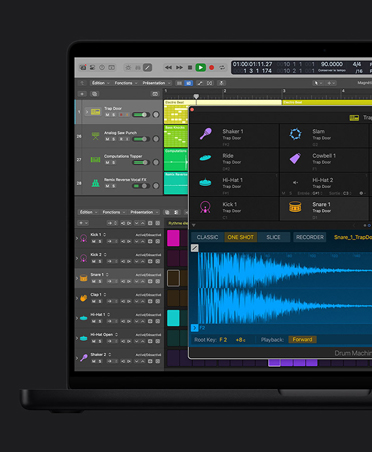 Écran d’iPad Pro 13 pouces, outils de création rythmique de Logic Pro, grille colorée de Live Loops et de phrases