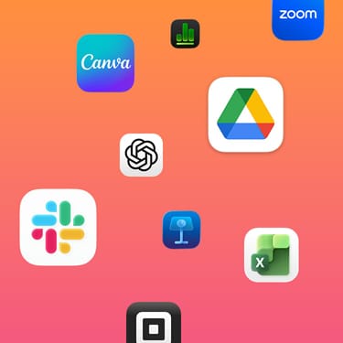 Des icônes d’apps de productivité comme Slack, Canva, Google Workspace, Zoom, ChatGPT, Keynote, Excel, Square et Numbers sur un fond coloré.