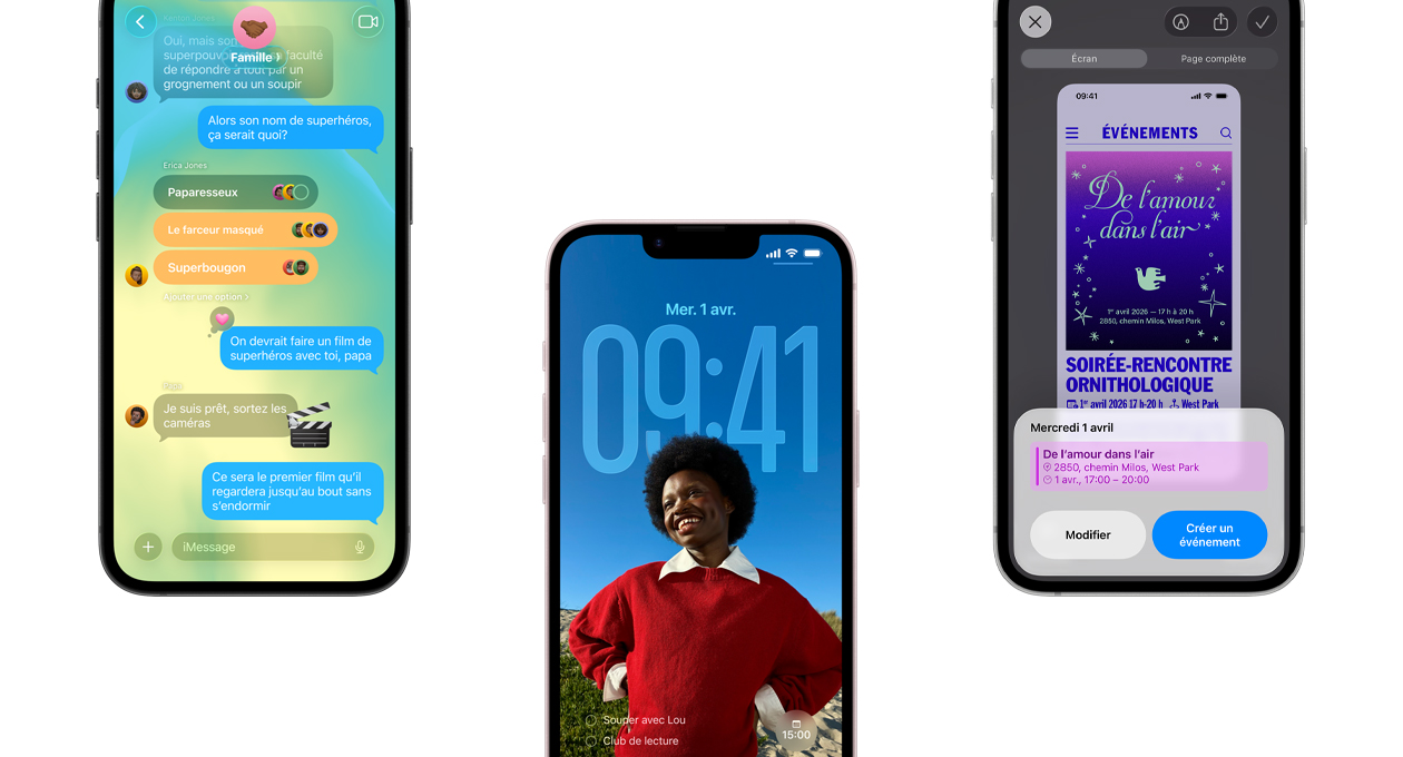 Trois iPhone dix-sept-e, face avant, montrant l’app Messages avec le design en Liquid Glass, l’écran verrouillé dynamique et la fonctionnalité de capture d’écran avec un événement de Calendrier en cours d’utilisation
