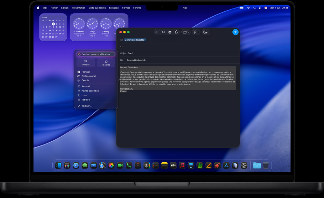 Courriel en cours de rédaction à l’aide des outils d’écriture d’Apple Intelligence