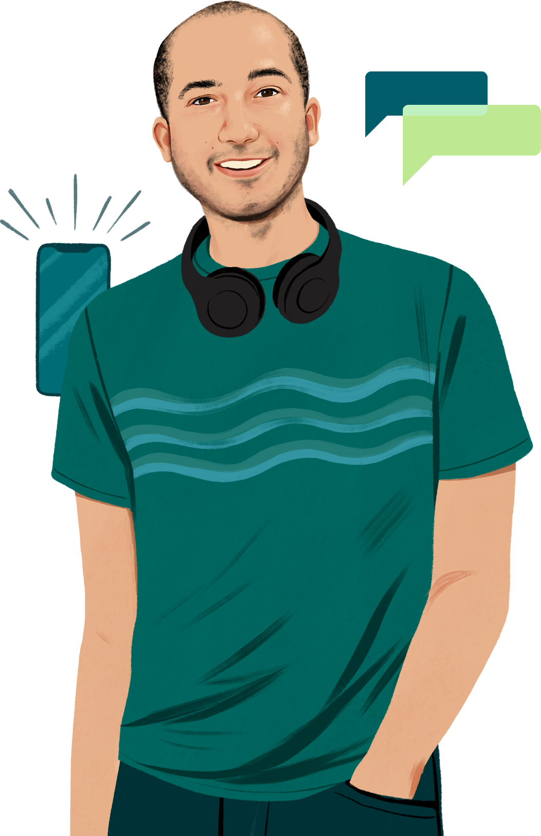 Portrait stylisé de Chris, de face, souriant, avec un casque autour du cou ; apparaît le dessin d’un iPhone en train de sonner.