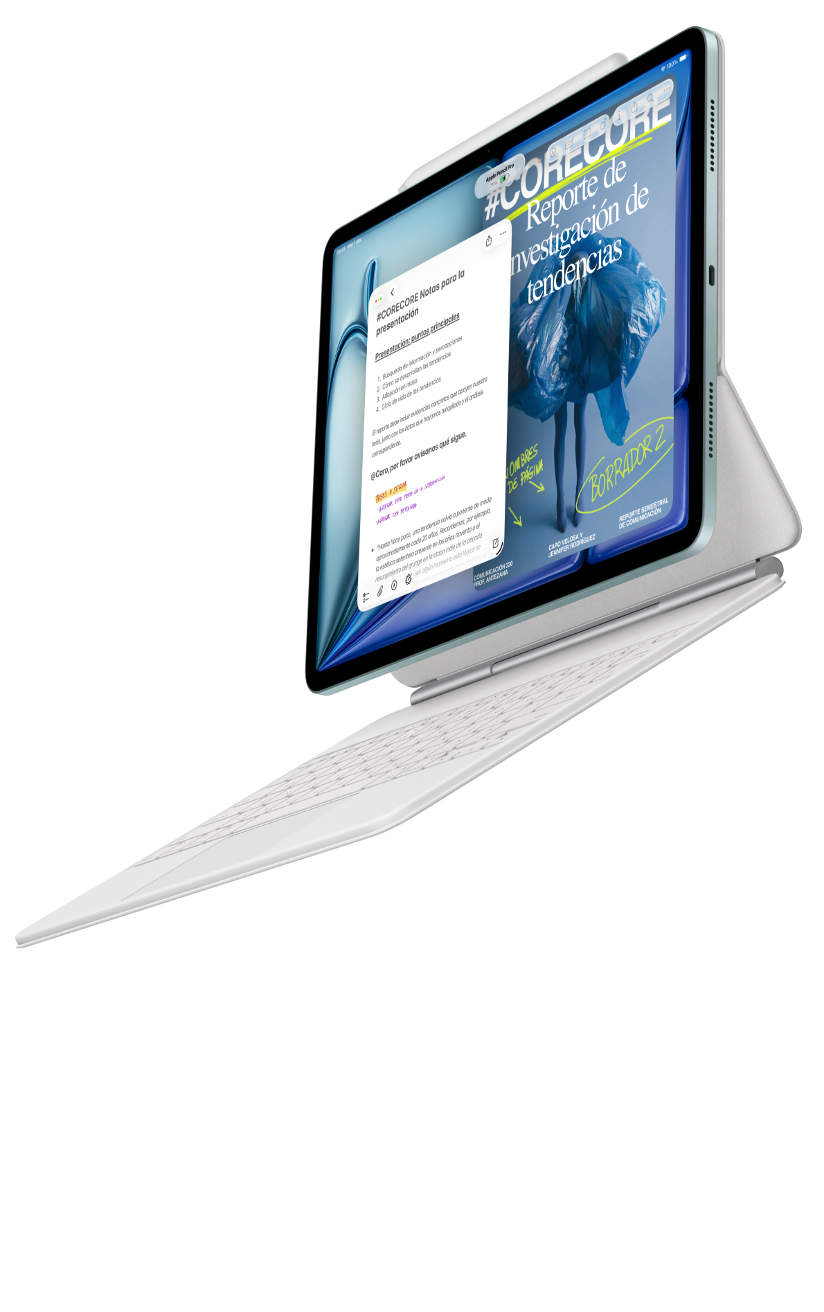 iPad Air conectado a un Magic Keyboard para el iPad Air y un Apple Pencil Pro
