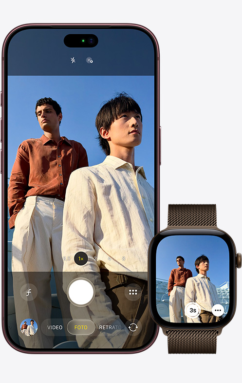 iPhone 18 Pro, parte frontal, cámara en uso lista para hacer una selfie grupal, junto a un Apple Watch Ultra 3 con la app Control de Cámara abierta