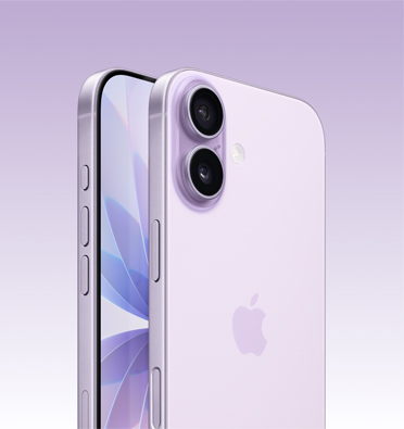 iPhone 17 en color lavanda, con parte de la pantalla visible y vista lateral que permite ver el Botón de Acción, el botón de volumen y el botón lateral. Parte trasera que muestra el sistema de dos cámaras Fusion en la esquina superior izquierda.