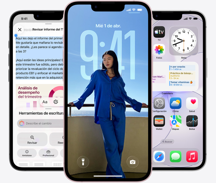 Three iPhone 17e devices, the left screen showing Apple Intelligence Writing Tools interface, with highlighted text in Quarterly Report document, center screen showing the lock screen with a portrait of a person in matching blue two-piece outfit, leaning against a railing, calendar and time apps behind them, right screen shows a iMessage conversation about dinner plans