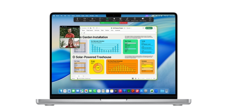 14palcový MacBook Pro s různými okny aplikací jako Microsoft Excel a Zoom.