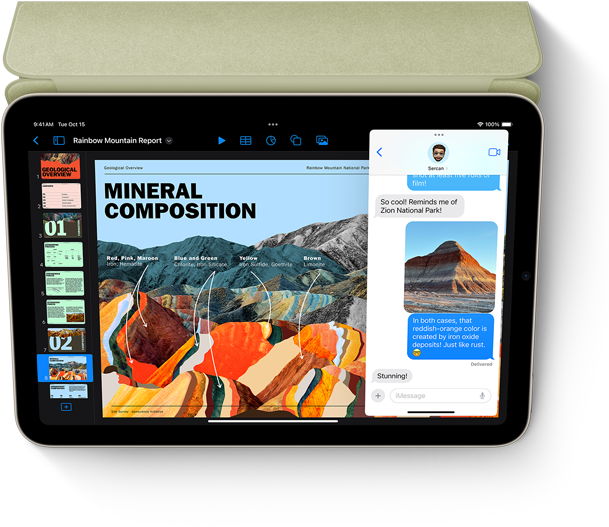 iPad mini na šířku se zobrazeným Keynotem a Zprávami ve Slide Overu.