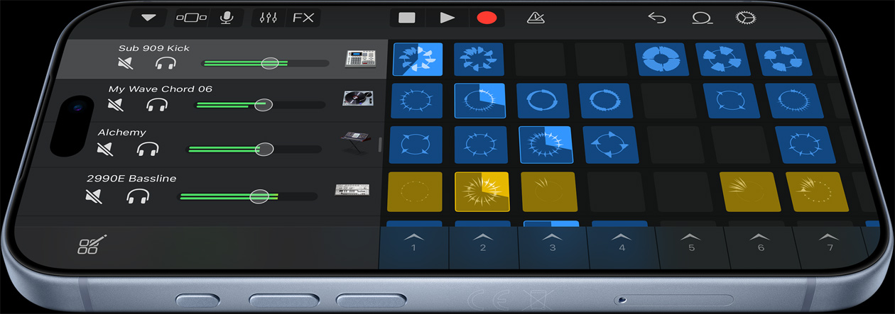 Ledovcově modrý iPhone 18 Pro a na něm uživatelské rozhraní aplikace na produkci hudby Logic Pro