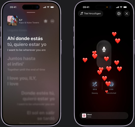 Ein iPhone auf der linken Seite zeigt den Apple Music Sing Modus auf dem iPhone, in dem „ILY“ von Kapo und Myke Towers wiedergegeben wird. Ein iPhone auf der rechten Seite zeigt den Apple Music Sing Modus auf dem iPhone mit Herz-Emojis, die auf dem Bildschirm nach oben steigen, dem Mikrofonsymbol in der Mitte des Bildschirms und den Symbolen für Gesang und Mikrofonhall am unteren Bildschirmrand