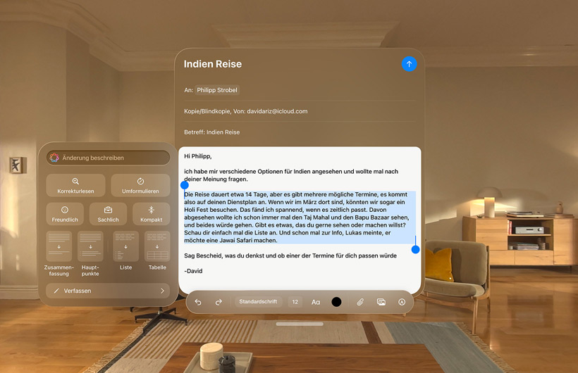 Eine E-Mail wird in der Mail App der Apple Vision Pro verfasst, wobei intelligente Schreibtools verwendet werden, um den Sprachstil der E‑Mail zu überprüfen