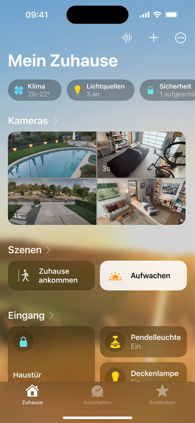 iPhone zeigt mein Zuhause, Kameras, Szenen und Eingang an