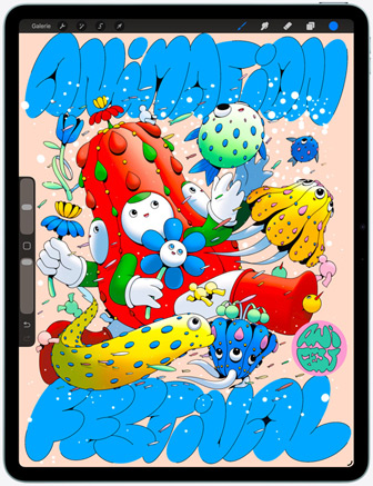 iPad Air, Vorderseite, das Display zeigt die Procreate App und ein digitales Kunstwerk mit verschiedenen Charakteren und Objekten
