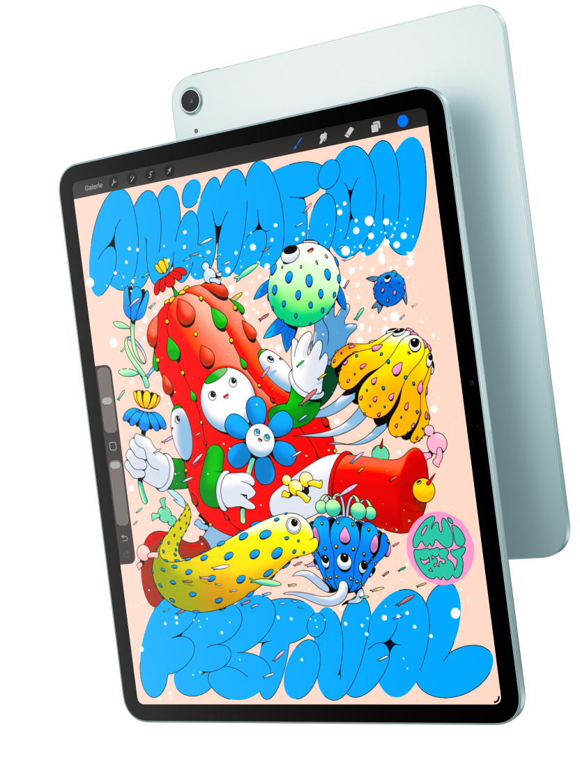 Vorderansicht eines iPad Air, die das 13" Modell mit der Procreate App zeigt, dahinter die Rückseite eines iPad Air in Blau