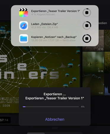 Mitteilung zu Hintergrundaktionen, die den Fortschritt beim Exportieren von Videos, Laden von Dateien und Verschieben von Notizen in ein Backup zeigt