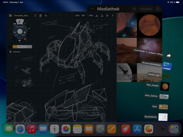 3 iPad Pro Geräte, Vorderansicht, Querformat, Farbe Space Schwarz, ein Apple Pencil Pro liegt auf dem mittleren iPad Pro, die 3 Displays zeigen Fotobearbeitungsapps mit offenen Projekten, in denen ein Model vor rotem Hintergrund zu sehen ist, Skizzen von mechanischen Designs mit Tools zur Farbkorrektur, eine Fotomediathek, einen aufgefächerten Downloads Ordner, 3D Modellierungssoftware mit geometrischen Formen und handschriftlichen Anmerkungen und Formeln