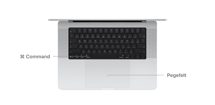 14" MacBook Pro vist ovenfra med linjer, der angiver, hvor Command-tasten og pegefeltet er.