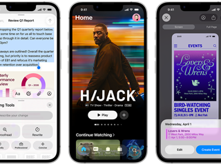 Side-by-side iPhone 17e devices showing different screens: a game being played, Writing Tools, Apple TV app, a calendar event being created, a Genmoji being created
