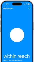 iPhone, millel kuvatakse AirPodsi rakendust Find My, AirPods kõrvaklapid on iPhone'i läheduses