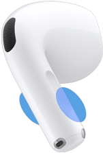 AirPods 5 kõrvaklappide väliskülg, sinised ringid toovad esile, kus helitugevuse reguleerimiseks vart puudutada