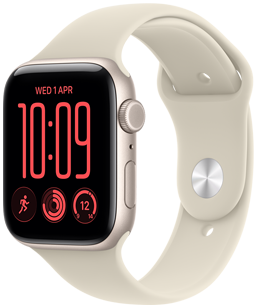 Apple Watch SE 3, alumiiniumkorpus, tähevalge, parema külje vaade, Digital Crown pöördnupp, mikrofon, külgnupp, ühendatud Sport Bandi rihmaga, liivatoon (roosakasbeež), tihvtkinnitus (hõbedane tihvt)