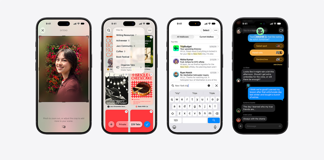 Rida iPhone 17 ja 17 Pro seadmeid, mis on kõik erinevate ekraanidega ja näitavad iOS 26 ja Apple Intelligence omadusi