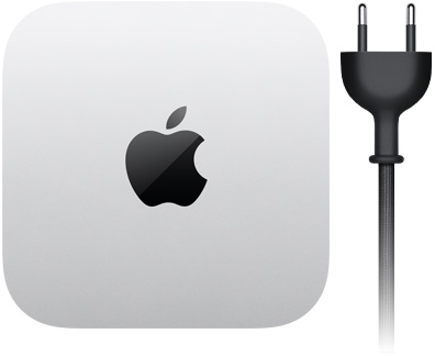 Mac mini, ülaltvaade, hõbedane alumiinium, ruudukujuline, ümarad nurgad, keskel läikiv must Apple’i logo, must toitejuhe kaheharulise pistikuga