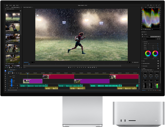 Sisseehitatud alusega Studio Display XDR, Mac Studio mahub kenasti ekraani alla, ekraanil on videotöötluse ja värvikorrektsiooni töövoog