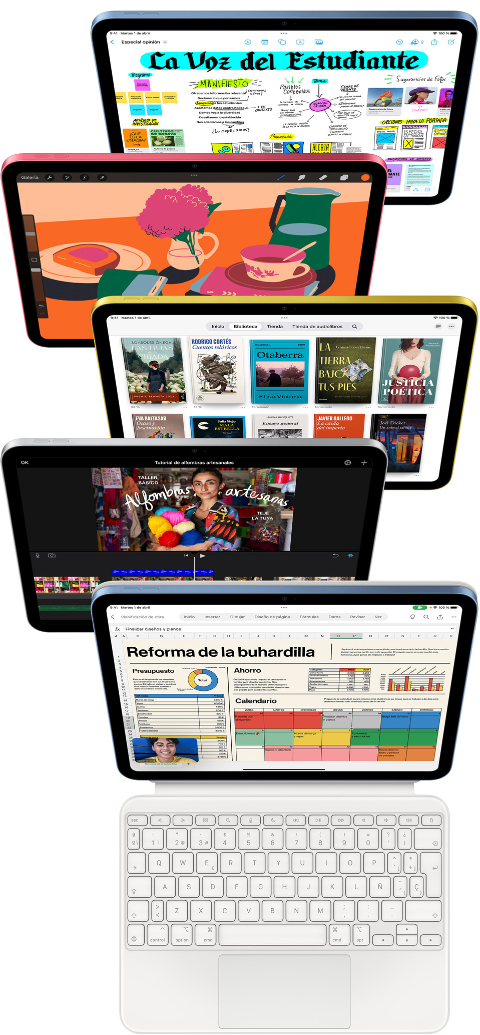 Vista frontal de varias pantallas de iPad que muestran diferentes apps como Freeform, ProCreate, Books, iMovie y Microsoft Excel con Webex Meetings.