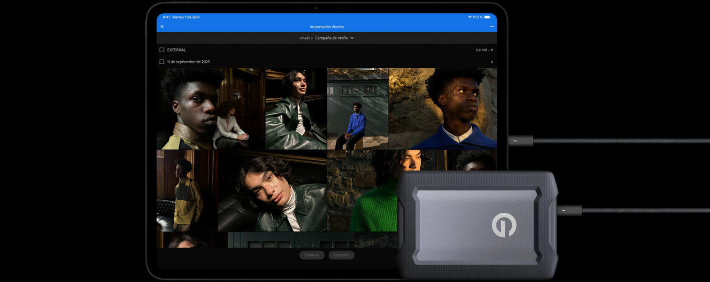 iPad Pro, parte delantera exterior, posición horizontal, color negro espacial, conectado or cable a un disco duro externo USB‑C, la pantalla muestra cómo se importan fotos de modelos a una carpeta llamada «Sesión fotográfica de la campaña».