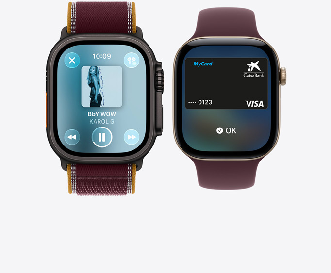 Apple Watch Ultra 4, caja de titanio, color negro, app Apple Music, pantalla En Reproducción, correa Loop Trail, color burdeos; Apple Watch Series 12, caja de aluminio, color dorado claro, pantalla de Apple Pay, Apple Card, correa Loop deportiva, color burdeos