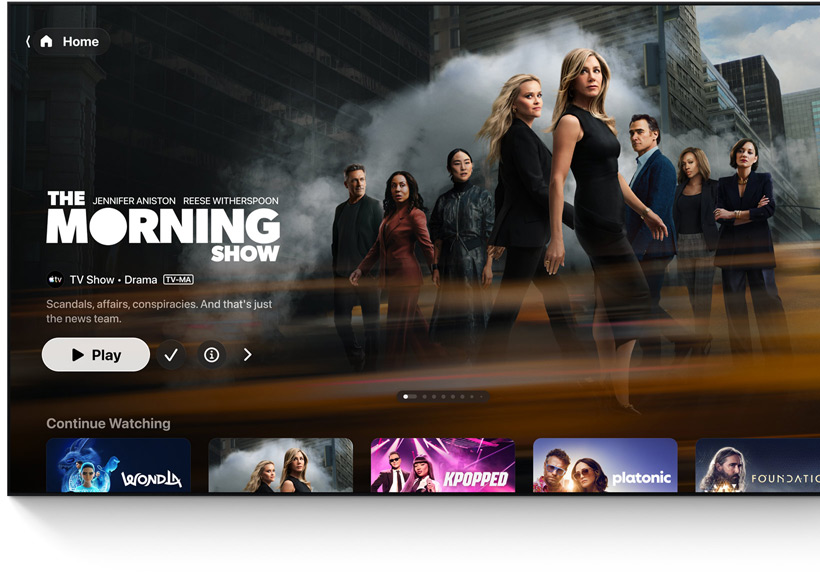 Un téléviseur à écran plat affichant l’interface de l’écran d’accueil de l’app Apple TV
