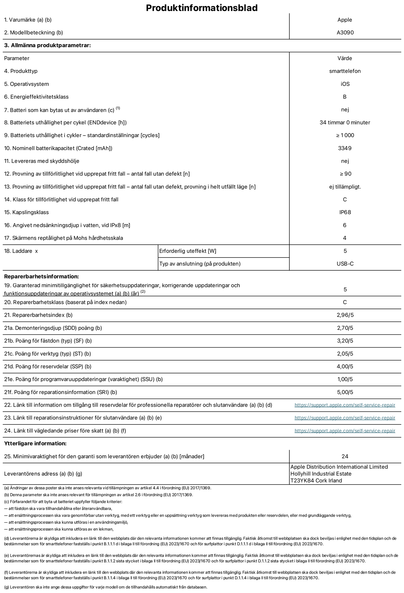 Produktinformationsblad för iPhone 15, modell A3090. Tillhandahålls av Apple Distribution International Limited, Hollyhill Industrial Estate. Cork, Irland T23 YK84. Enhetstyp: smartphone. Operativsystem: iOS. Energieffektivitetsklass: B. Batteri som kan bytas ut av användaren: nej. Batteritid per laddningscykel: 34 timmar. Batteriets livslängd i antal cykler – standardinställningar: ≥ 1000. Nominell batterikapacitet: 3349 mAh. Levereras med skyddsfodral: nej. Tillförlitlighetstest vid upprepat fritt fall – antal fall utan defekter: ≥ 90. Tillförlitlighetstest vid upprepat fritt fall – antal fall utan defekter testat i helt utfällt läge: ej tillämpligt. Tillförlitlighet vid upprepat fritt fall: klass C. IP-klass: IP68. Angivet nedsänkningsdjup vid iPx8: 6. Skärmens reptålighet enligt Mohs hårdhetsskala: 4. Laddare – uteffekt som krävs: 5 W. Typ av uttag på laddaren: usb-c. Garanterad minimiperiod för tillgång till säkerhetsuppdateringar, korrigerande uppdateringar och funktionsuppdateringar av operativsystemet: 5 år. Reparerbarhetsklass: C. Reparerbarhetsindex: 2,96/5. Poäng för demonteringsdjup (SDD): 2,70/5. Poäng för fästen: 3,20/5. Poäng för verktyg: 2,05/5. Poäng för reservdelar: 4,00/5. Poäng för mjukvaruuppdateringar: 1,00/5. Poäng för reparationsinformation: 5,00/5. Länk till information om tillgängliga reservdelar för professionella reparatörer och slutanvändare: https://support.apple.com/self-service-repair. Länk till reparationsanvisningar för slutanvändare: https://support.apple.com/self-service-repair. Länk till vägledande priser före skatt: https://support.apple.com/self-service-repair. Produkten omfattas av 24 månaders garanti.