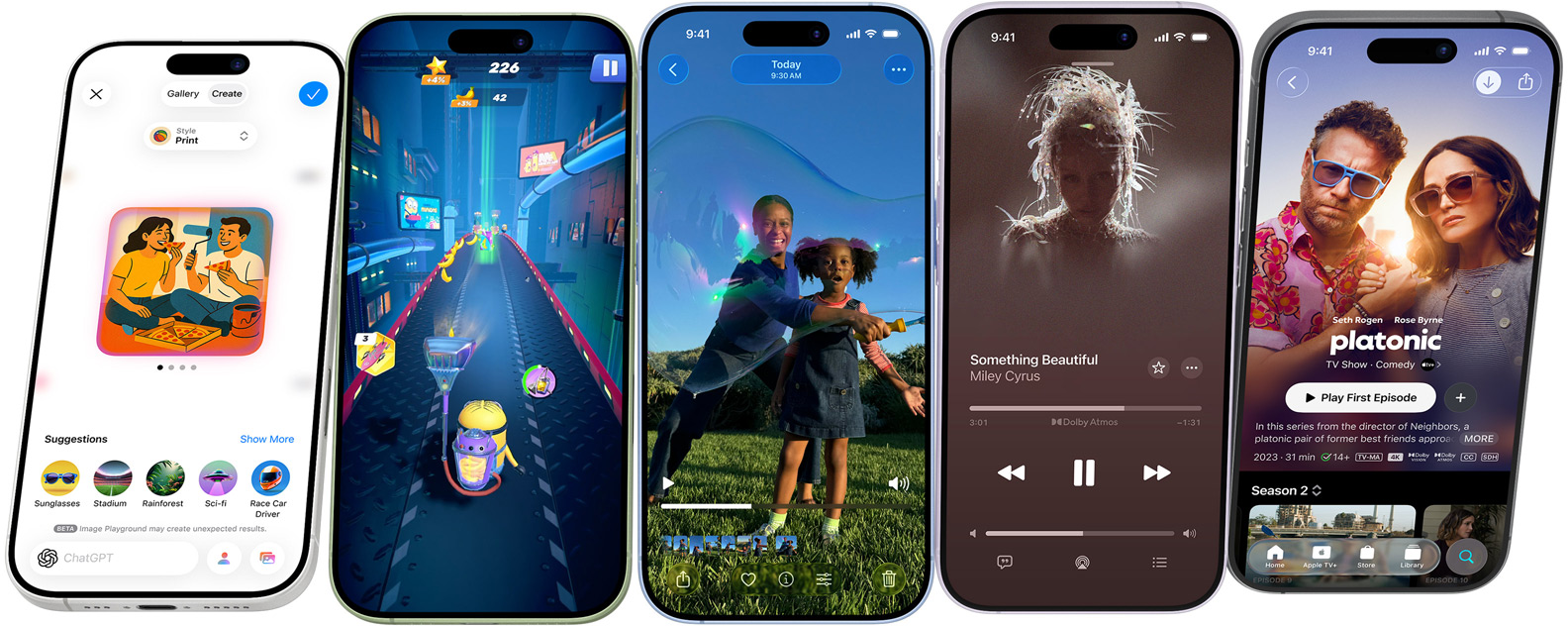 Dispositivos iPhone 17 a rodar, parando para mostrar várias funcionalidades do iPhone nos ecrãs