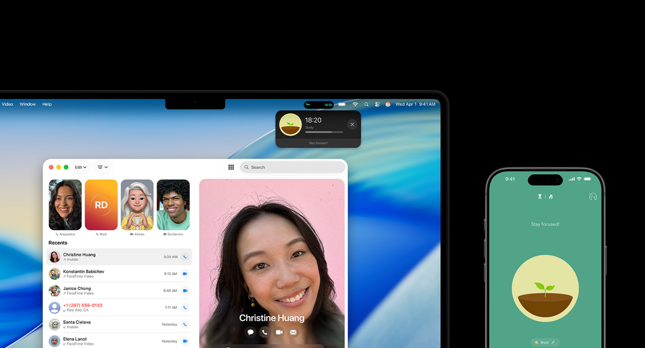 MacBook Pro et iPhone côte à côte, l’écran du MacBook Pro affiche l’app Téléphone et les Activités en direct de l’app Forest, l’iPhone affiche l’app Forest