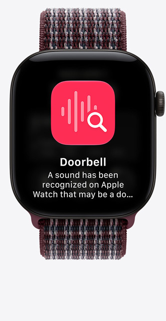Apple Watch Series 12, Aluminiumgehäuse, Farbe Schwarz, Bildschirm mit angepinnten Unterhaltungen, Sport Loop Armband, Farbe Burgunder Kariert