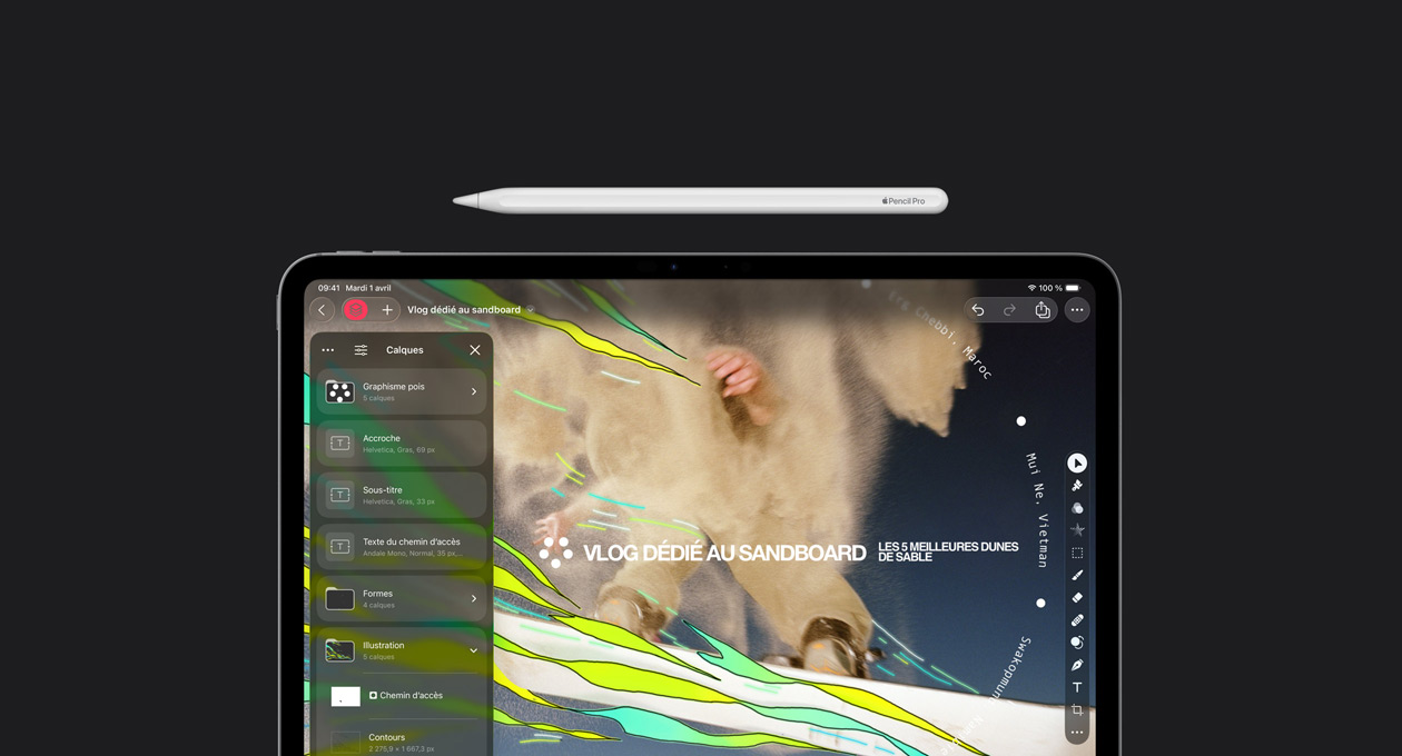 Apple Pencil posé sur l’iPad Pro 13, l’écran affiche la boîte à outils des calques de Pixelmator Pro, la boîte à outils de design graphique et un fichier de vlog sur le sandboard