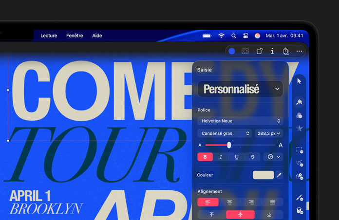 Espace de travail de Pixelmator Pro avec une typographie noire et blanche sur fond bleu, barre d’outils à droite